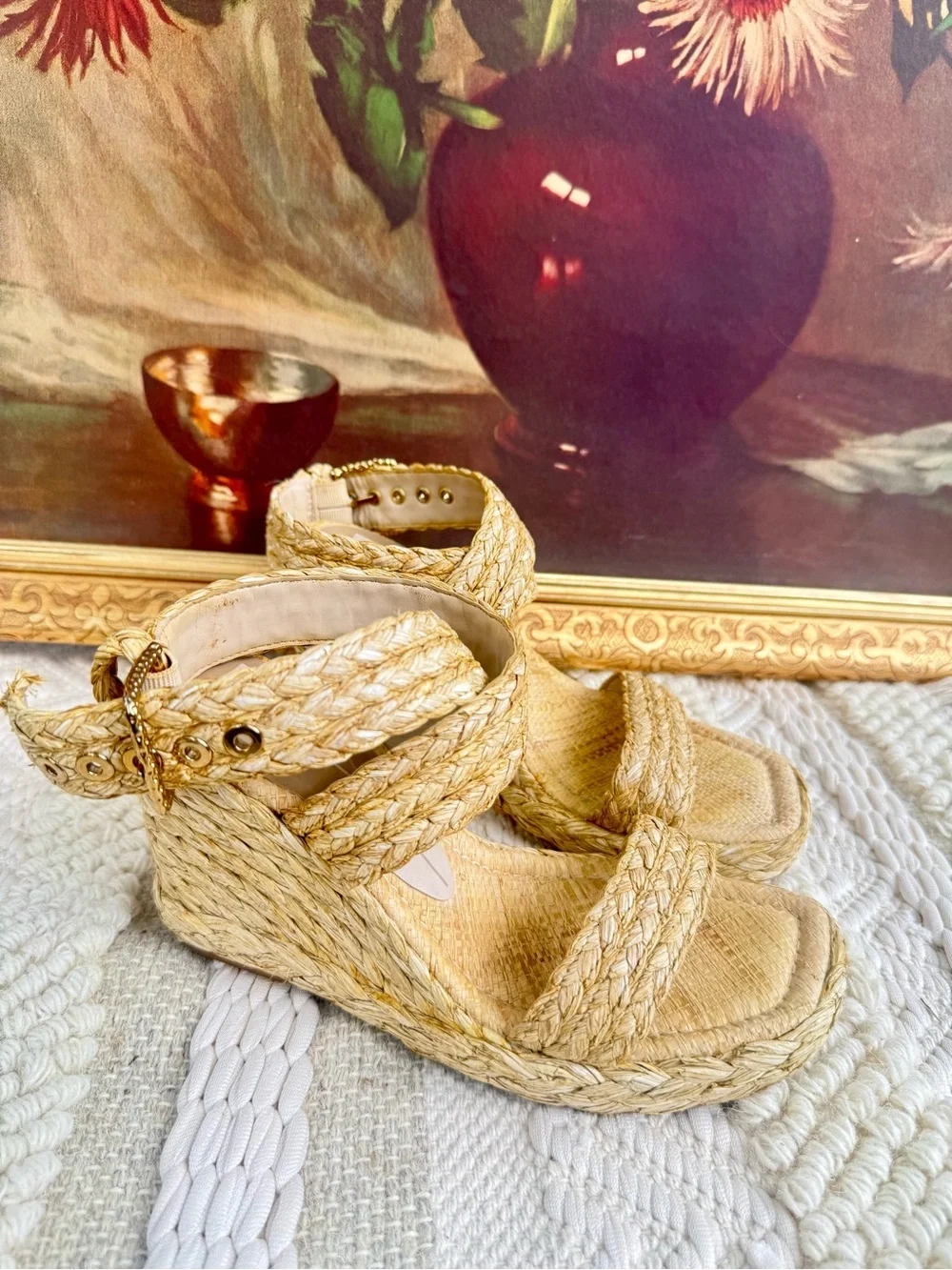 Dolce Vita Aldona Leather Raffia Wedge Sandals Natural Women’s Size 8 🤎✨